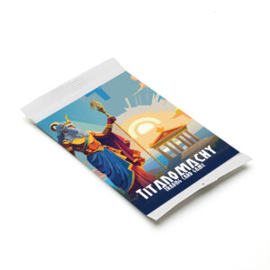 Titanomachy Base Set Booster Pack mockup featuring Zeus and an ancient Greek building in vector art